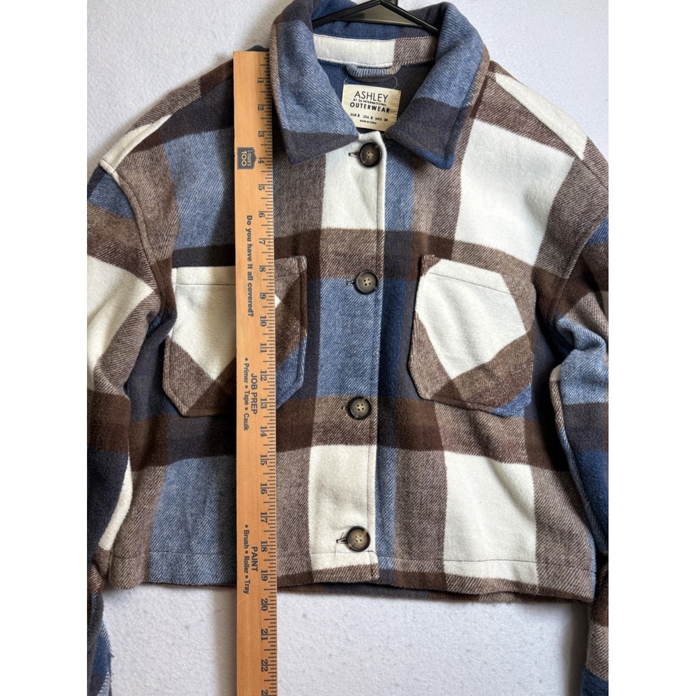 Ashley By 26 International Cropped Plaid Shacket Blue Brown Wool Blend Small - Picture 9 of 9